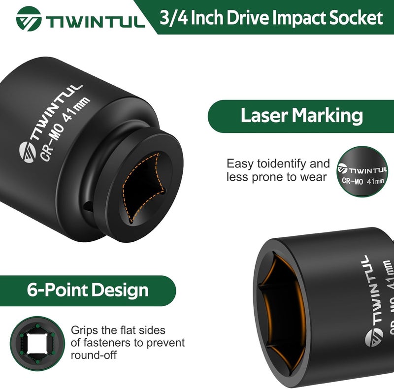 TIWINTUL 3/4 Inch Drive Metric Impact Socket 41mm, 6-Point Design, Heat-Treated Chrome Molybdenum Alloy Steel, Spindle Axle Nut Socket for Auto Repair, Easy Removal - Image 3